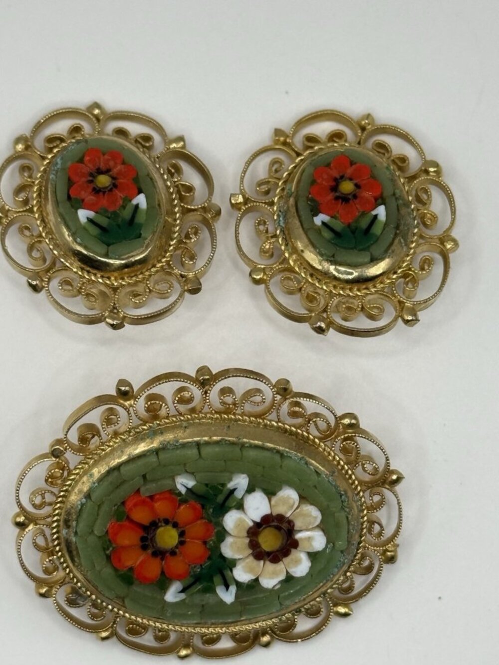 Vintage Italian Micro Mosaic Black Floral Brooch and Clip On Earrings